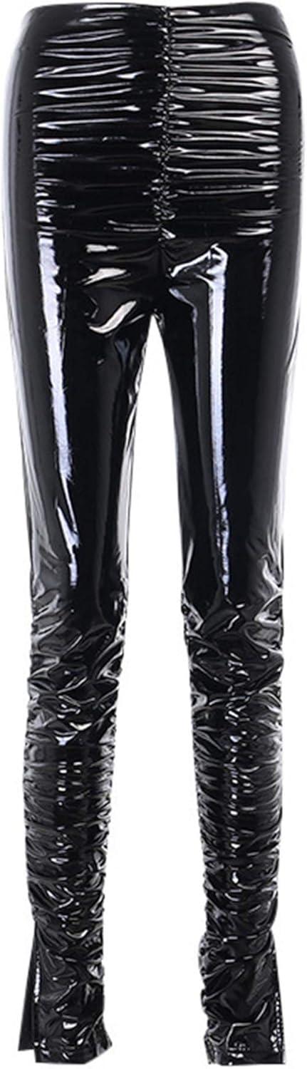 imagexxxiticat Womens Pleated PU Leather Pants High Wasit Bodycon Ruched Split Hem Faux Leather Club Legging TrousersBlack