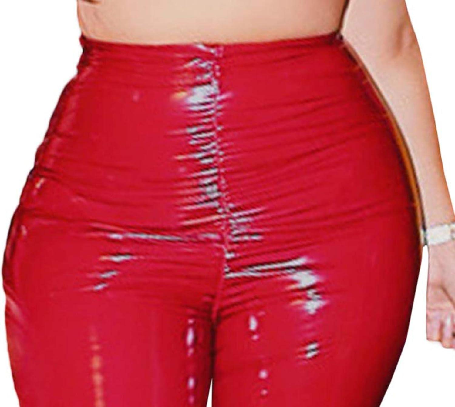 imagexxxiticat Womens Pleated PU Leather Pants High Wasit Bodycon Ruched Split Hem Faux Leather Club Legging TrousersRed