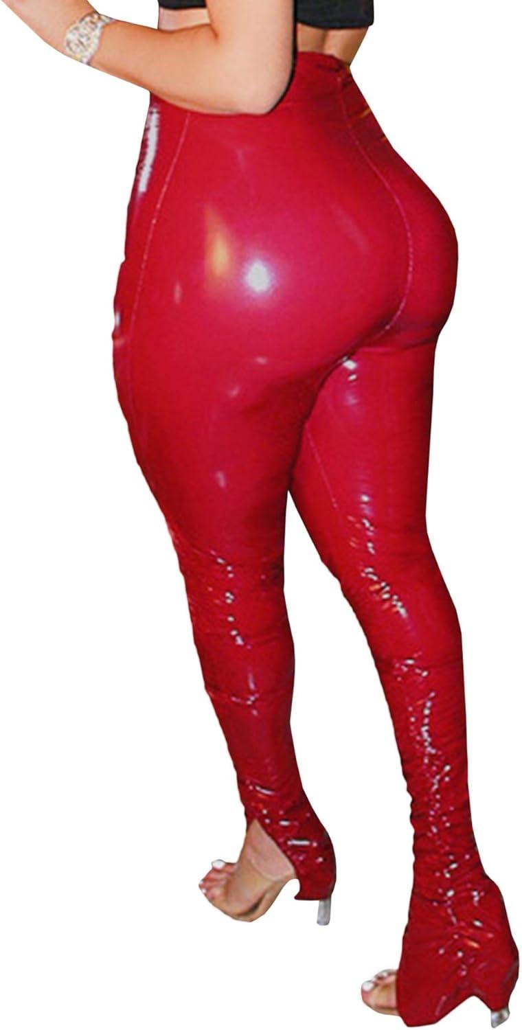 imagexxxiticat Womens Pleated PU Leather Pants High Wasit Bodycon Ruched Split Hem Faux Leather Club Legging TrousersRed