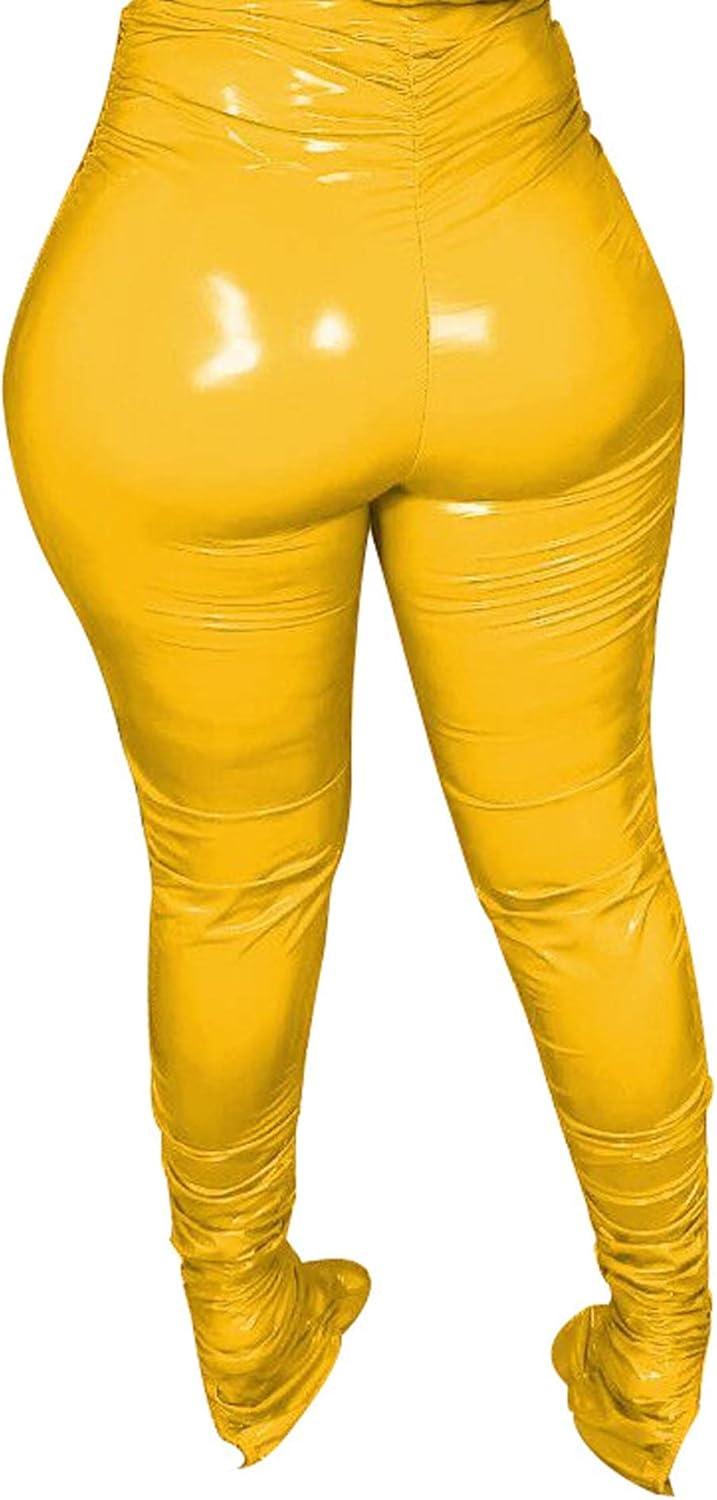 imagexxxiticat Womens Pleated PU Leather Pants High Wasit Bodycon Ruched Split Hem Faux Leather Club Legging TrousersYellow