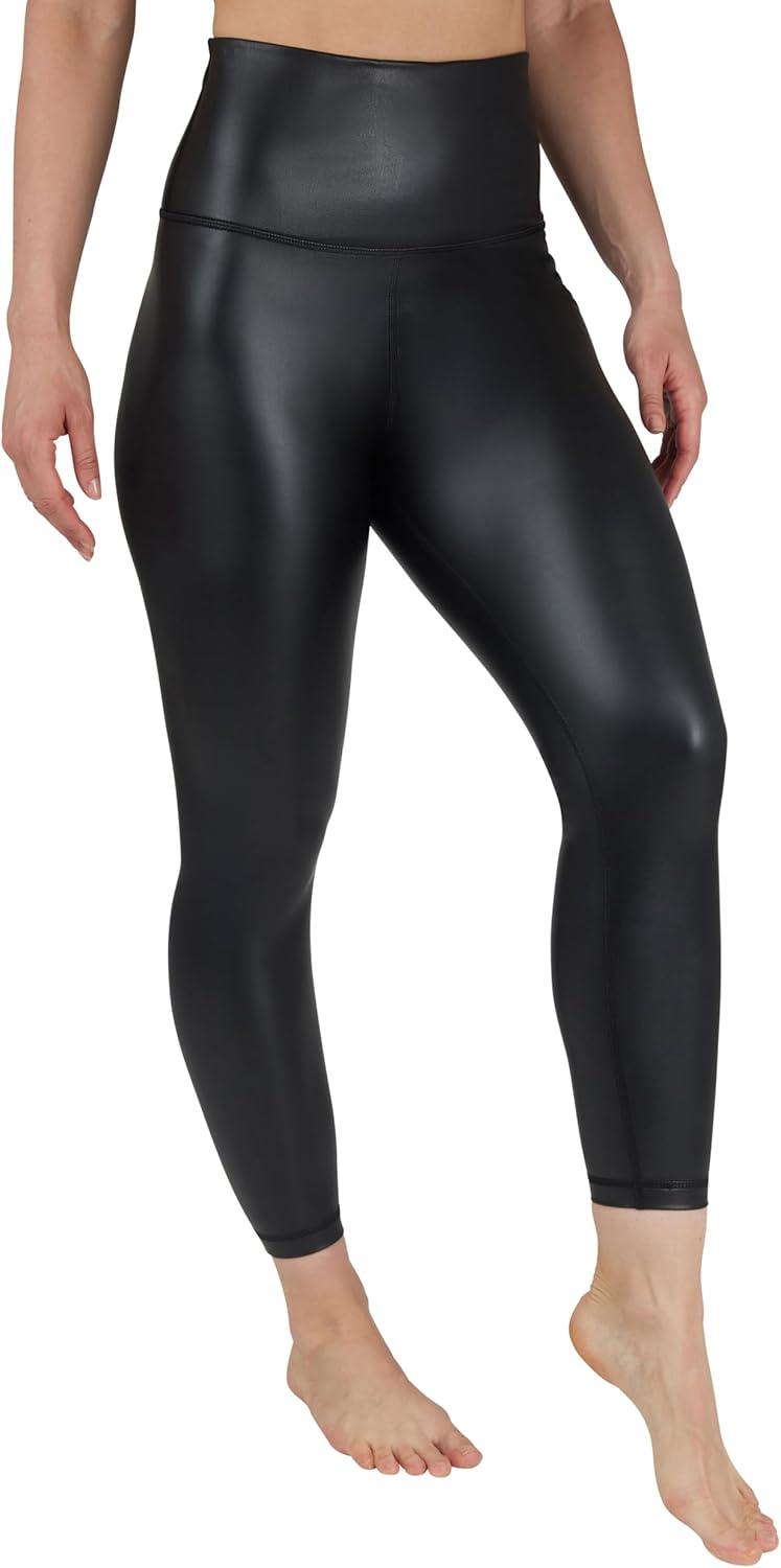 image90 Degree By Reflex Super High Waist High Shine Faux Leather Fleece Lined Elastic Free Ankle LeggingsBlack