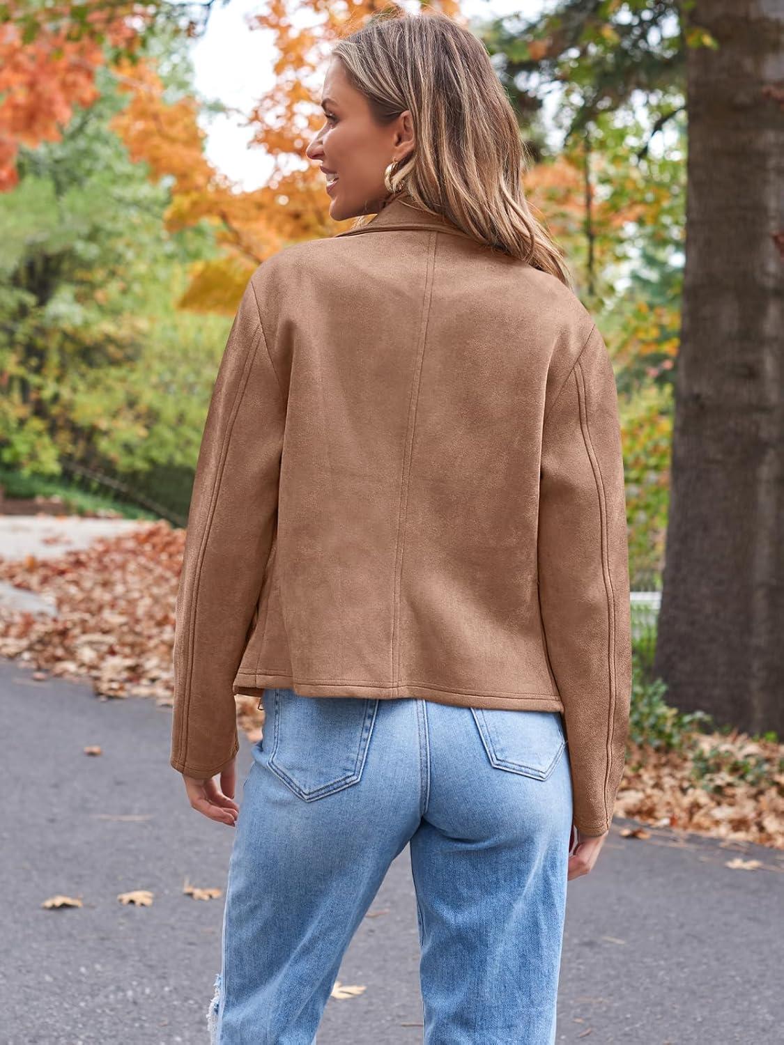 imageAUTOMET Womens Faux Suede Leather Jacket Cropped Open Front Coat for Fall Winter Spring Cardigan StyleCamel