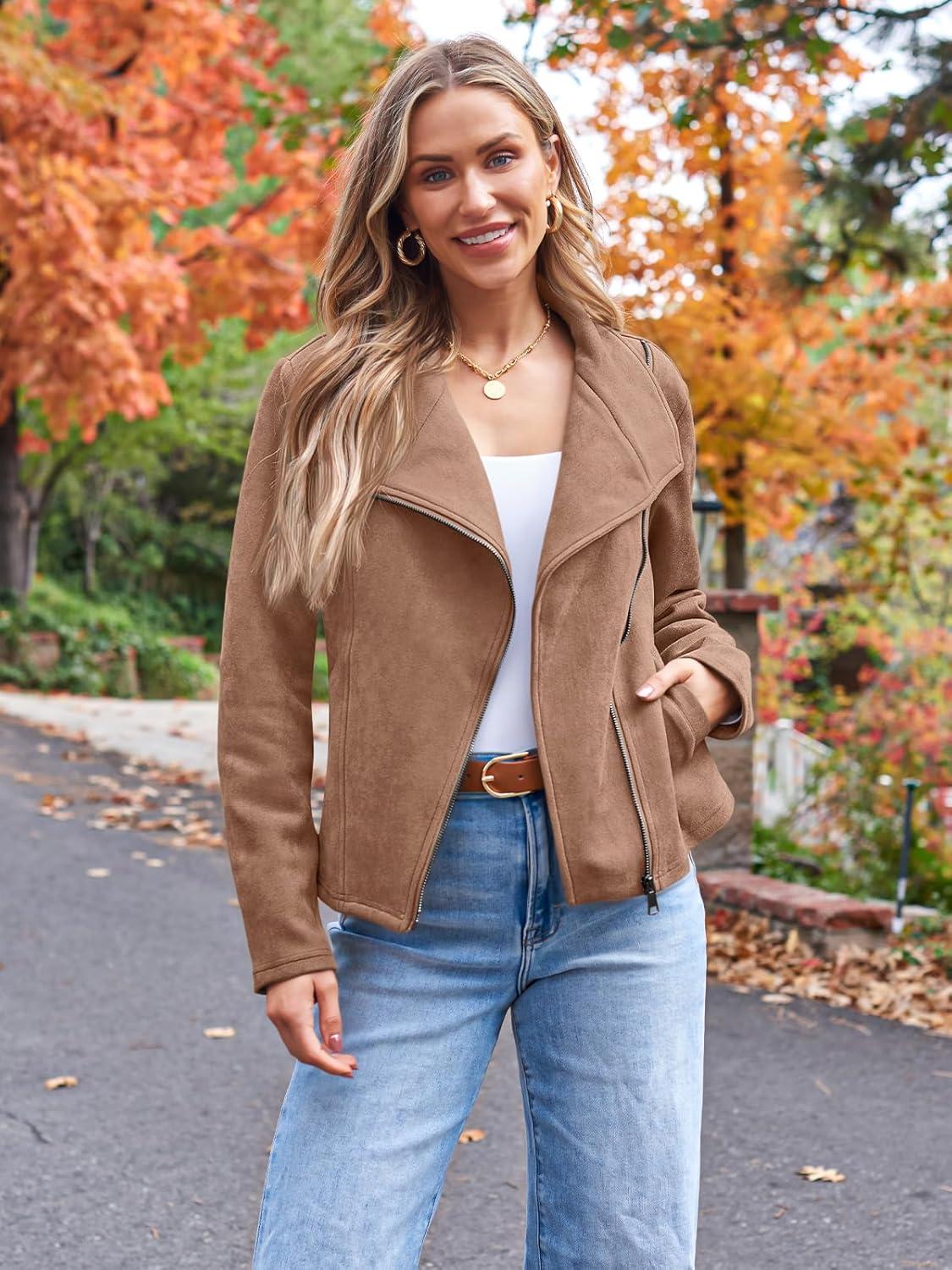 imageAUTOMET Womens Faux Suede Leather Jacket Cropped Open Front Coat for Fall Winter Spring Cardigan StyleCamel