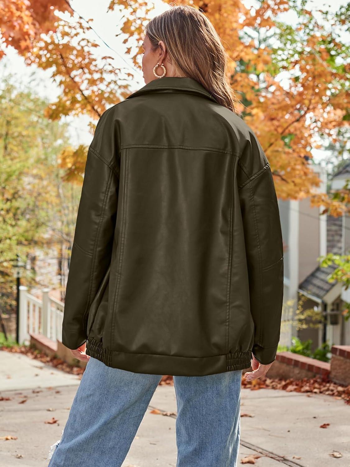 imageAUTOMET Womens Oversized Faux Leather Jacket Fall Motorcycle Style Coat with Zipper ClosureArmygreen