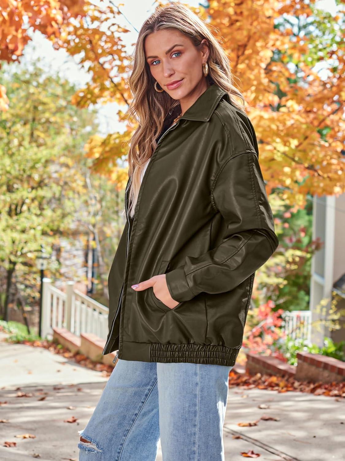 imageAUTOMET Womens Oversized Faux Leather Jacket Fall Motorcycle Style Coat with Zipper ClosureArmygreen