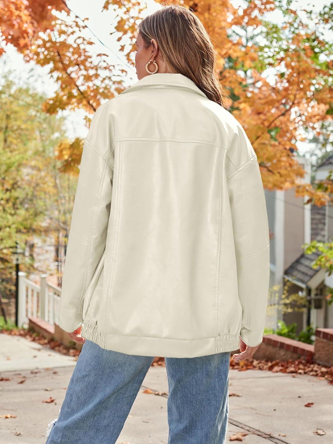 imageAUTOMET Womens Oversized Faux Leather Jacket Fall Motorcycle Style Coat with Zipper ClosureBeige