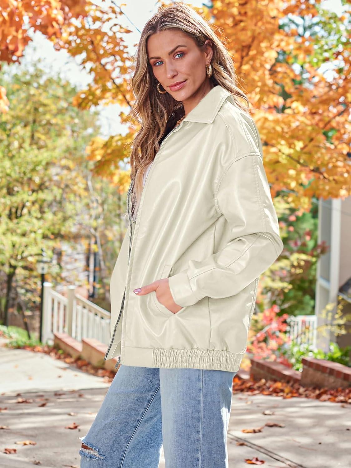 imageAUTOMET Womens Oversized Faux Leather Jacket Fall Motorcycle Style Coat with Zipper ClosureBeige
