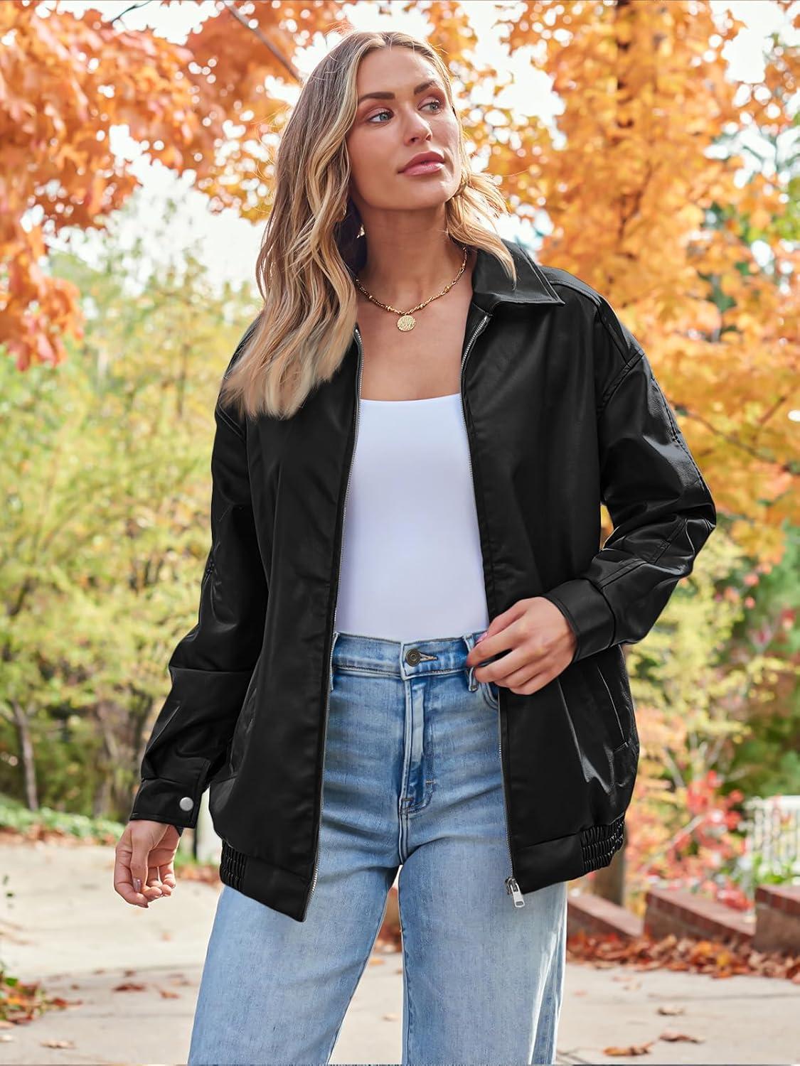 imageAUTOMET Womens Oversized Faux Leather Jacket Fall Motorcycle Style Coat with Zipper ClosureBlack