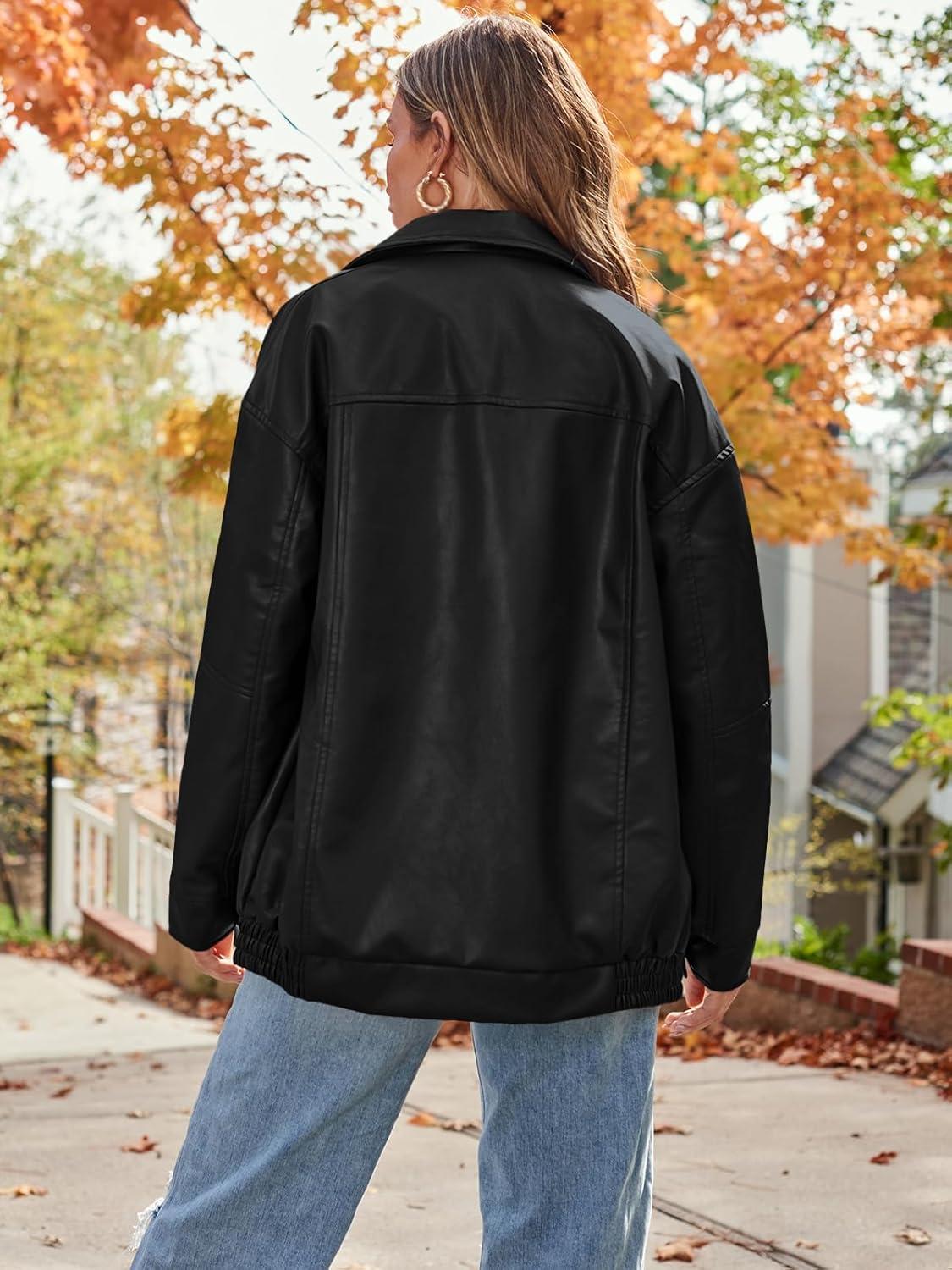 imageAUTOMET Womens Oversized Faux Leather Jacket Fall Motorcycle Style Coat with Zipper ClosureBlack