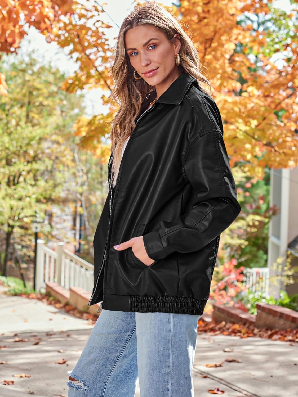 imageAUTOMET Womens Oversized Faux Leather Jacket Fall Motorcycle Style Coat with Zipper ClosureBlack