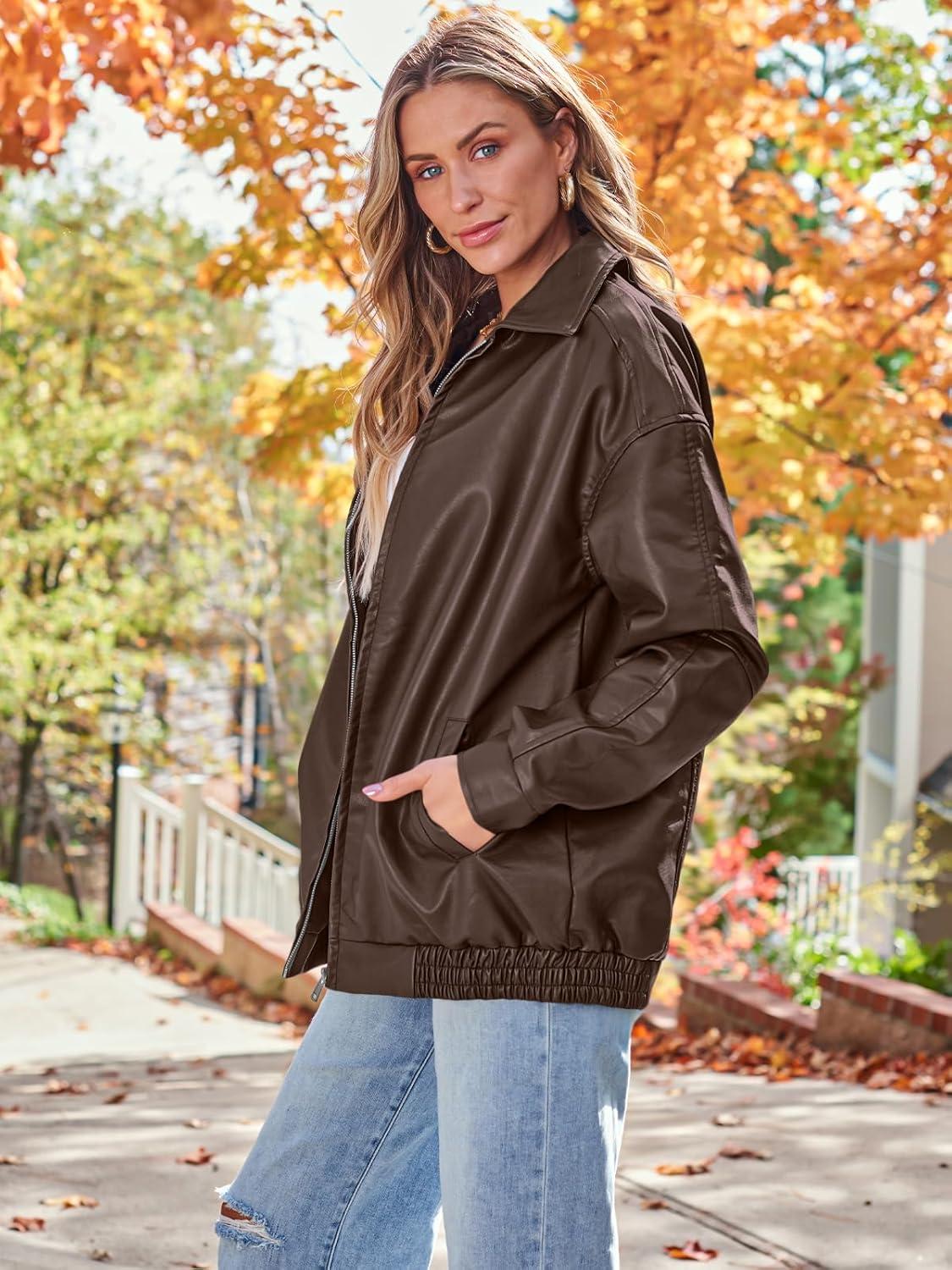 imageAUTOMET Womens Oversized Faux Leather Jacket Fall Motorcycle Style Coat with Zipper ClosureBrown