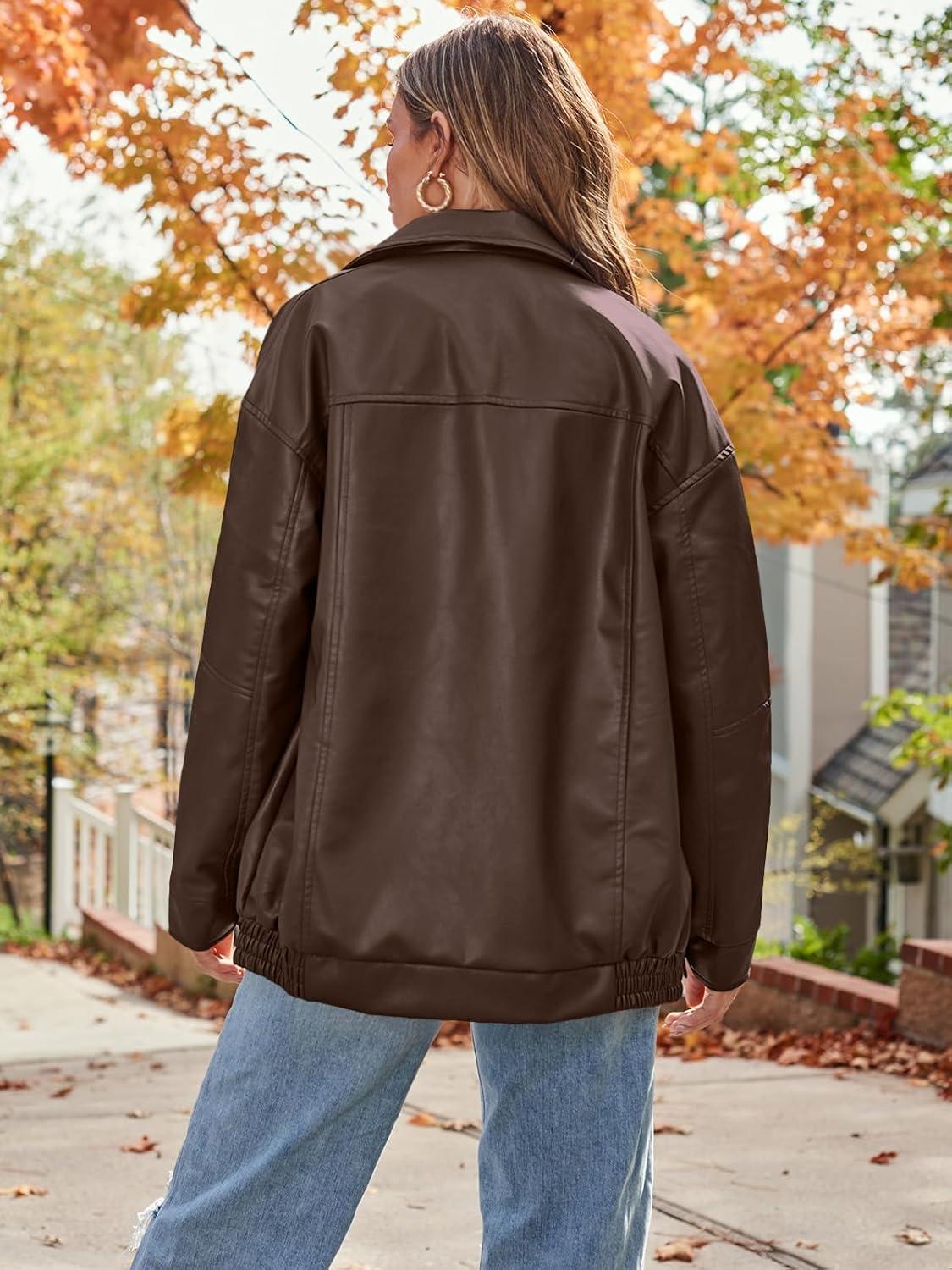 imageAUTOMET Womens Oversized Faux Leather Jacket Fall Motorcycle Style Coat with Zipper ClosureBrown