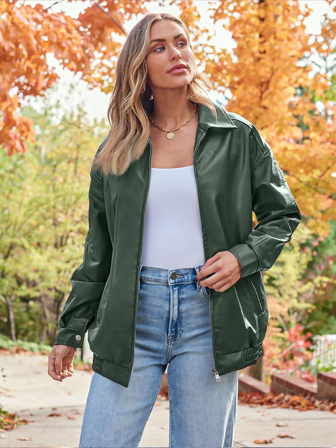 imageAUTOMET Womens Oversized Faux Leather Jacket Fall Motorcycle Style Coat with Zipper ClosureChristmasgreen