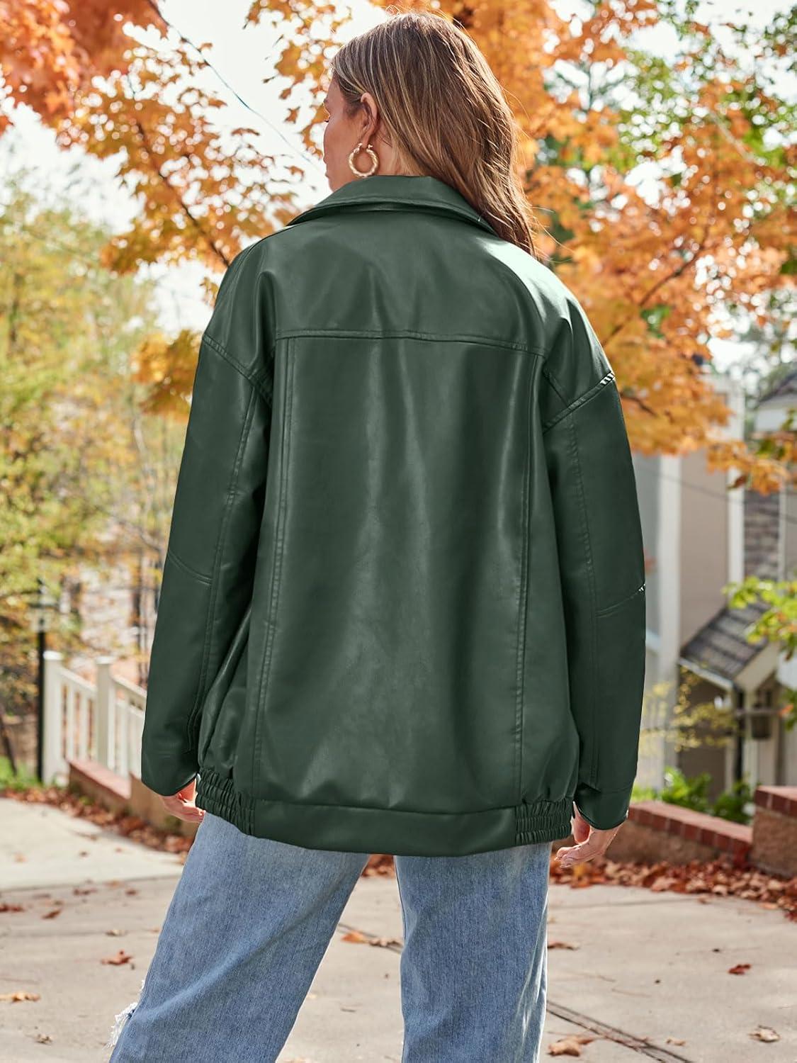 imageAUTOMET Womens Oversized Faux Leather Jacket Fall Motorcycle Style Coat with Zipper ClosureChristmasgreen