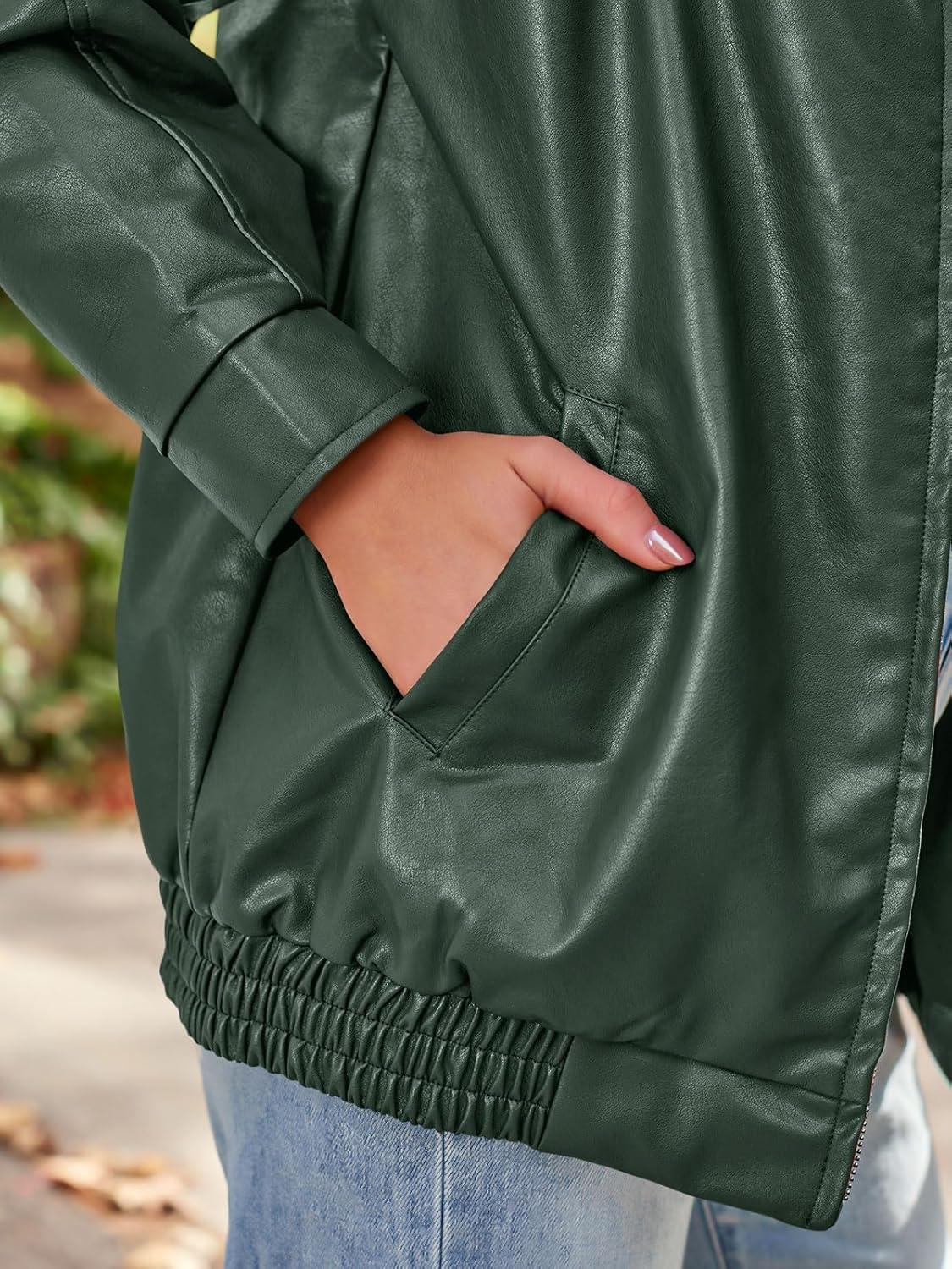 imageAUTOMET Womens Oversized Faux Leather Jacket Fall Motorcycle Style Coat with Zipper ClosureChristmasgreen