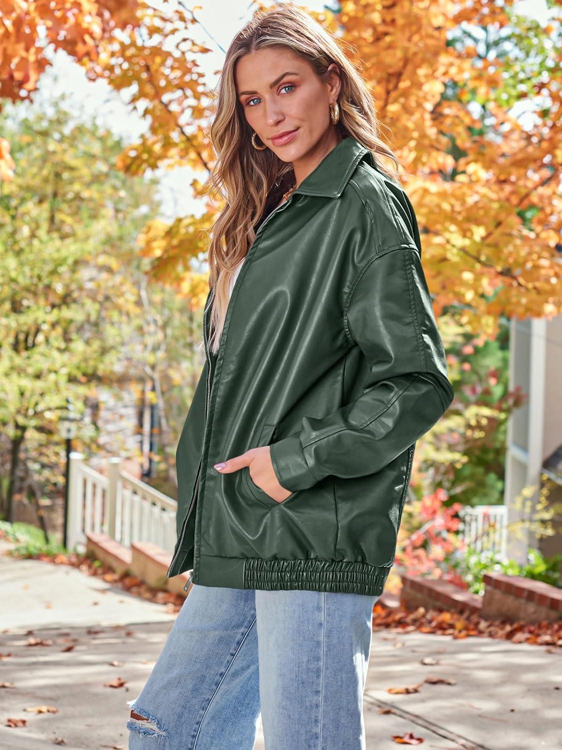 imageAUTOMET Womens Oversized Faux Leather Jacket Fall Motorcycle Style Coat with Zipper ClosureChristmasgreen