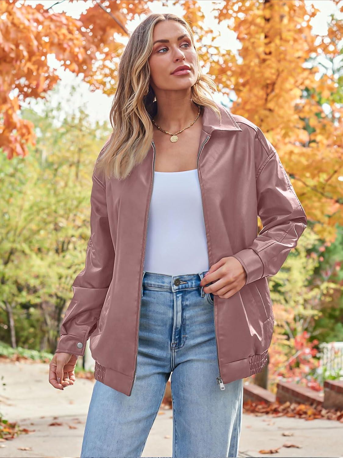 imageAUTOMET Womens Oversized Faux Leather Jacket Fall Motorcycle Style Coat with Zipper ClosureDarkpink