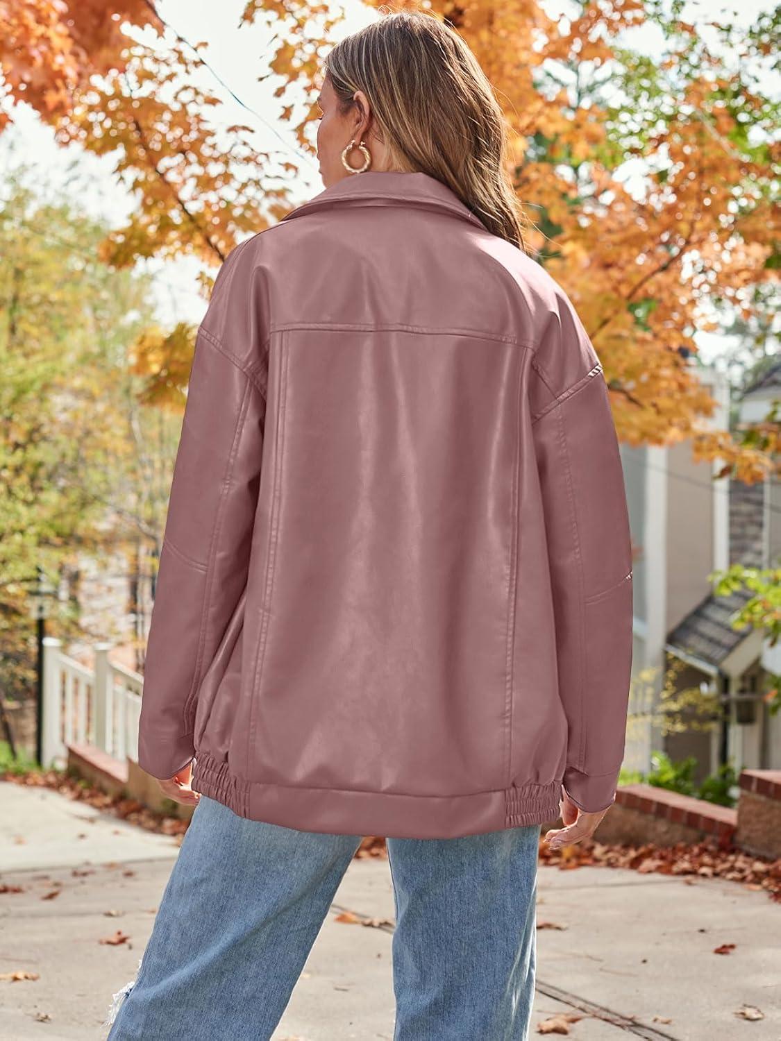 imageAUTOMET Womens Oversized Faux Leather Jacket Fall Motorcycle Style Coat with Zipper ClosureDarkpink