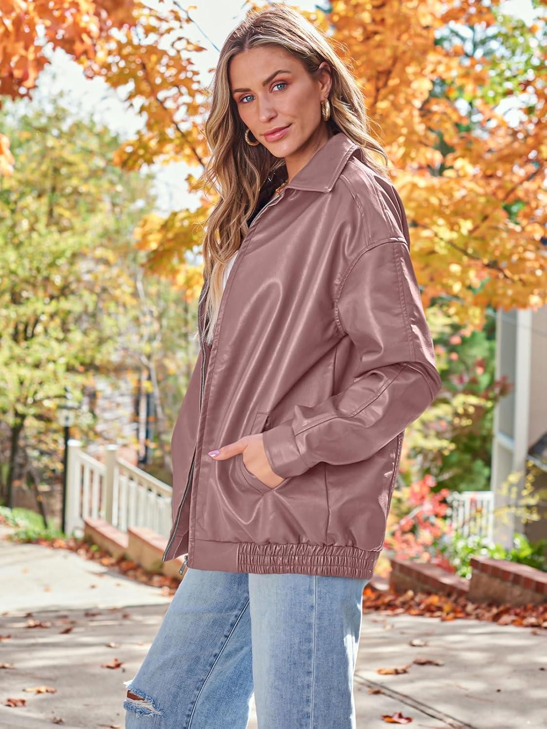 imageAUTOMET Womens Oversized Faux Leather Jacket Fall Motorcycle Style Coat with Zipper ClosureDarkpink