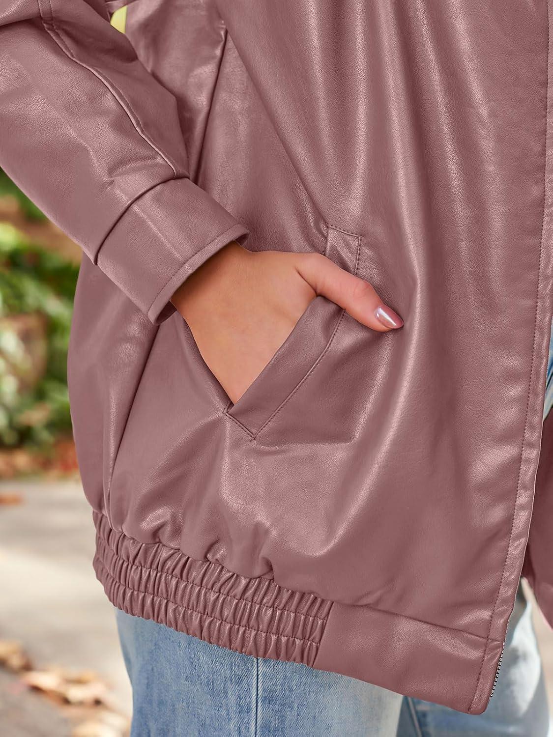 imageAUTOMET Womens Oversized Faux Leather Jacket Fall Motorcycle Style Coat with Zipper ClosureDarkpink