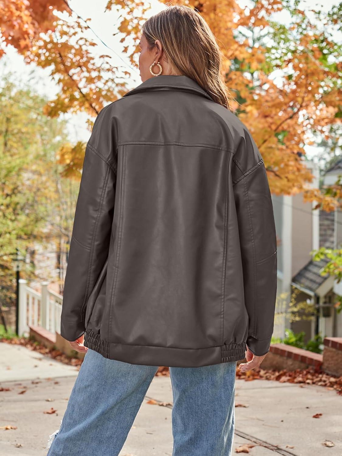 imageAUTOMET Womens Oversized Faux Leather Jacket Fall Motorcycle Style Coat with Zipper ClosureGrey