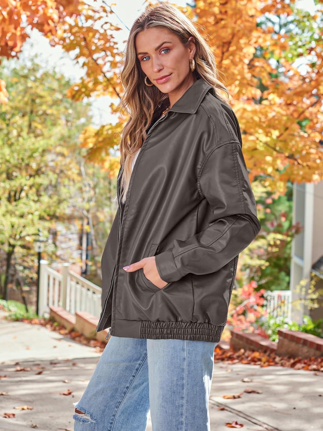 imageAUTOMET Womens Oversized Faux Leather Jacket Fall Motorcycle Style Coat with Zipper ClosureGrey