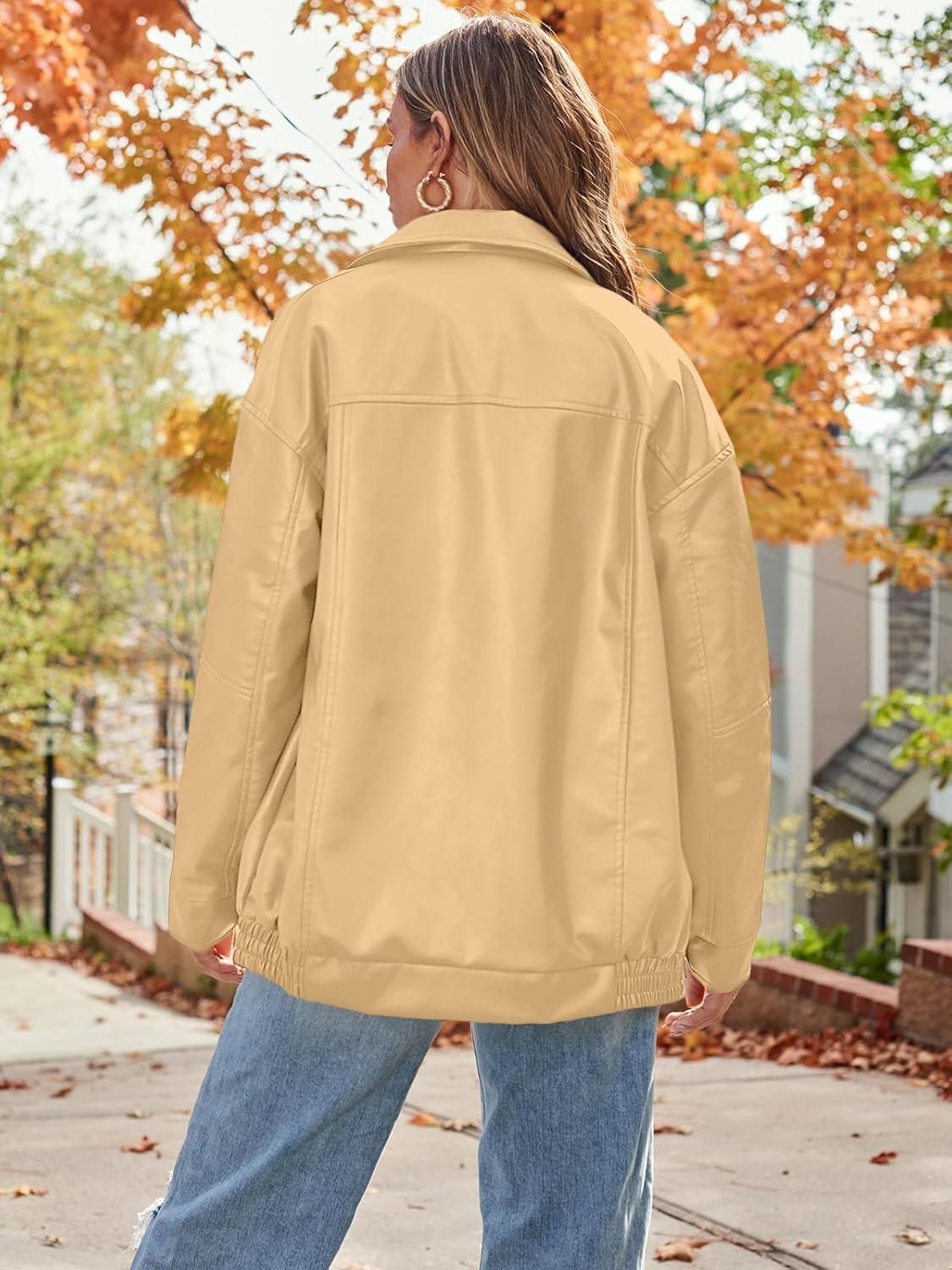 imageAUTOMET Womens Oversized Faux Leather Jacket Fall Motorcycle Style Coat with Zipper ClosureKhaki