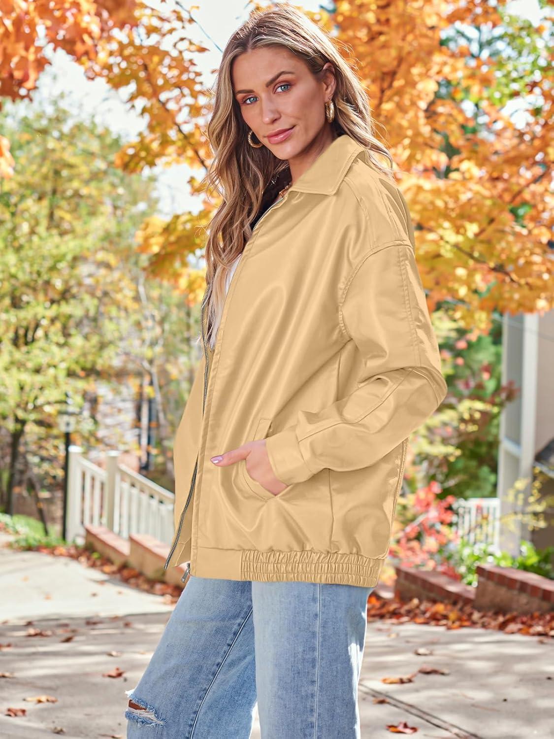 imageAUTOMET Womens Oversized Faux Leather Jacket Fall Motorcycle Style Coat with Zipper ClosureKhaki
