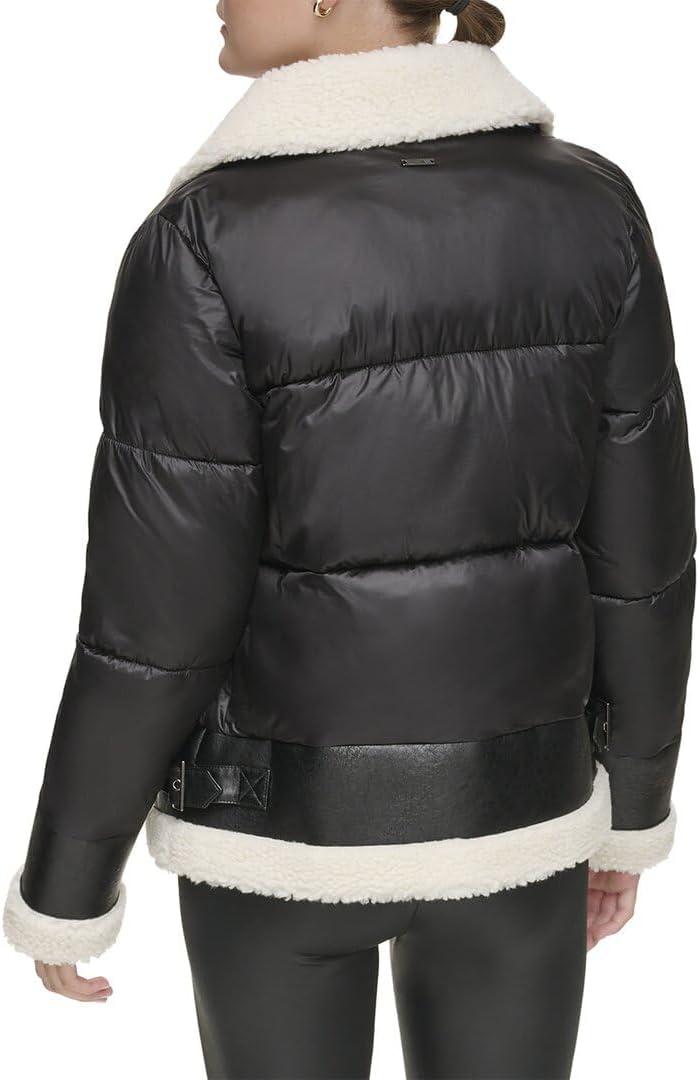 imageAndrew Marc womens Faux Leather Faux Sherpa Mixed Media JacketBlackCream