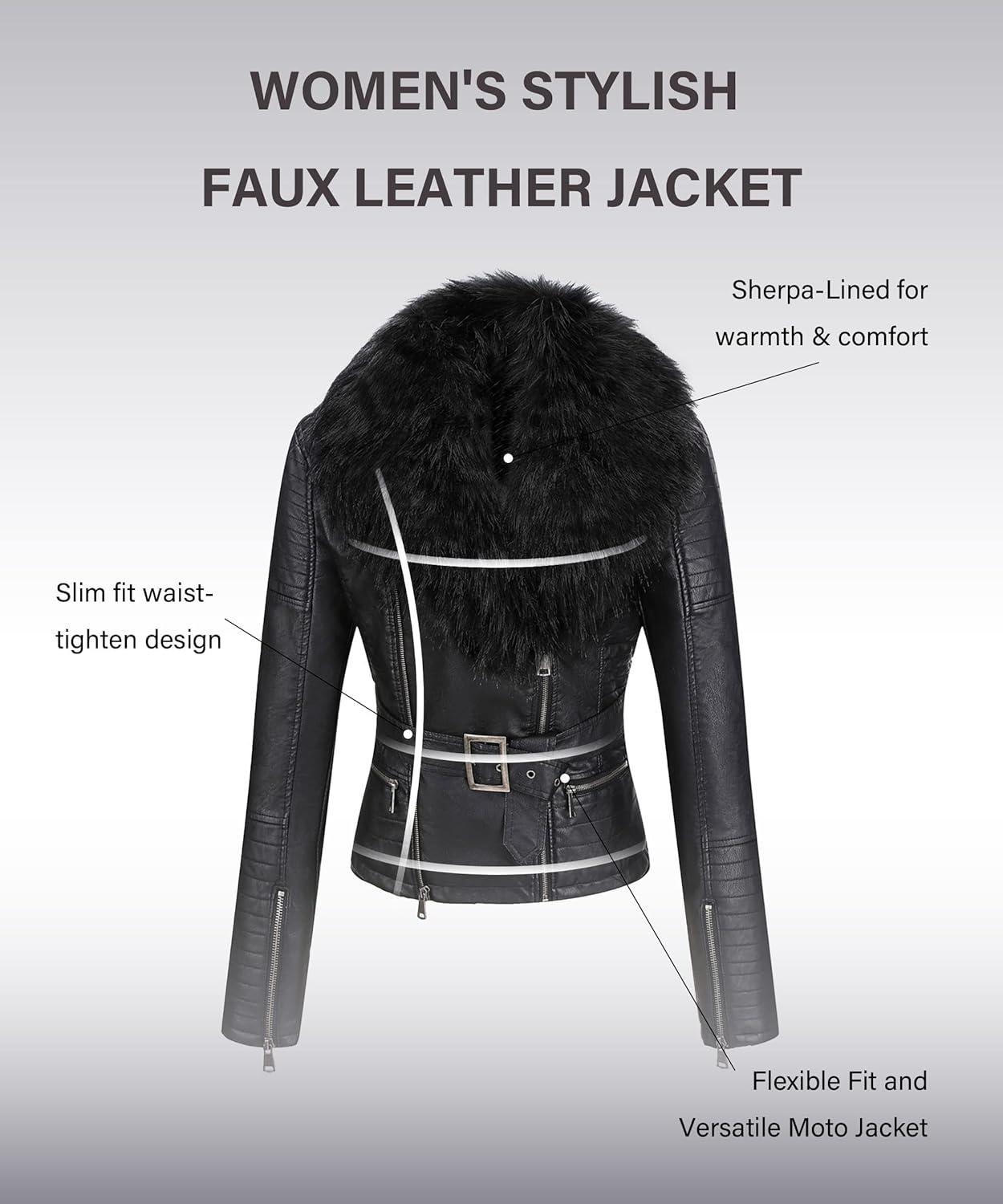imageBellivera Womens Faux Leather Jacket Moto Biker SherpaLined Coat with Removable Fur CollarBlack Faux Fur