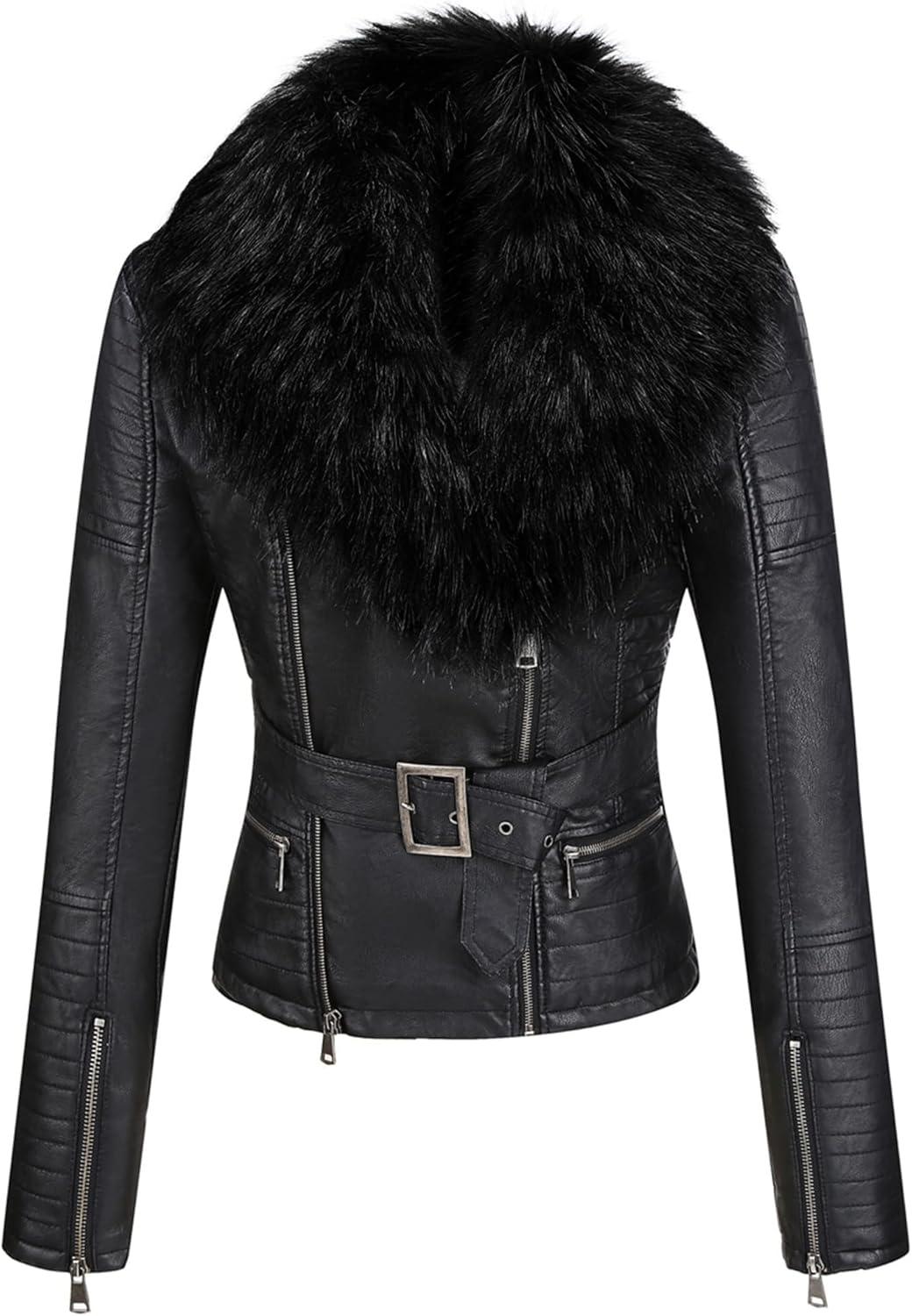 imageBellivera Womens Faux Leather Jacket Moto Biker SherpaLined Coat with Removable Fur CollarBlack Faux Fur