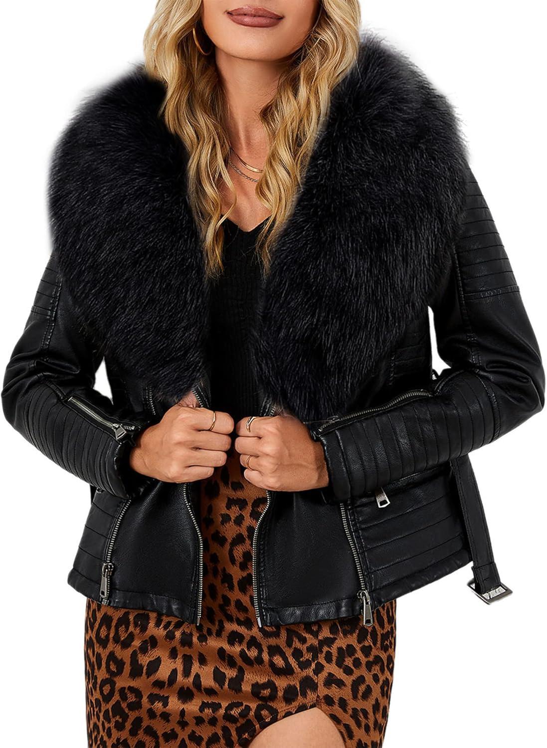 imageBellivera Womens Faux Leather Jacket Moto Biker SherpaLined Coat with Removable Fur CollarBlack Faux Fur