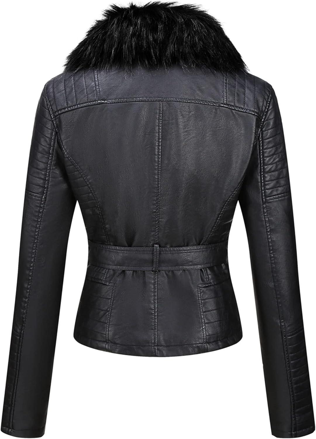 imageBellivera Womens Faux Leather Jacket Moto Biker SherpaLined Coat with Removable Fur CollarBlack Faux Fur
