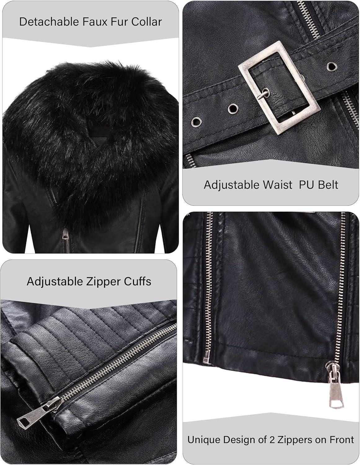 imageBellivera Womens Faux Leather Jacket Moto Biker SherpaLined Coat with Removable Fur CollarBlack Faux Fur