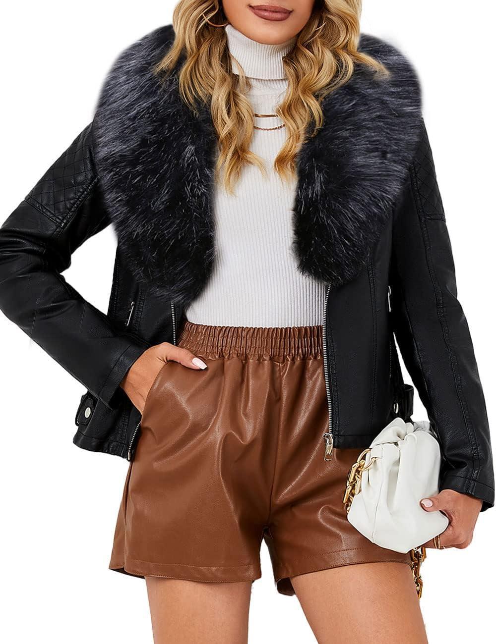 imageBellivera Womens Faux Leather Jacket Moto Biker SherpaLined Coat with Removable Fur CollarBlackblack