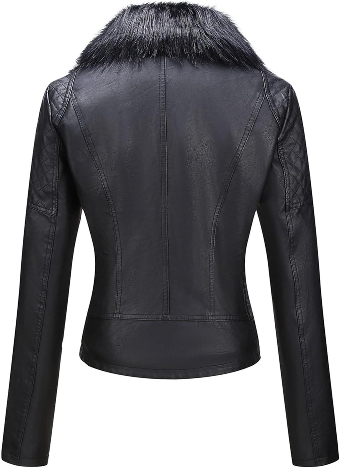 imageBellivera Womens Faux Leather Jacket Moto Biker SherpaLined Coat with Removable Fur CollarBlackblack