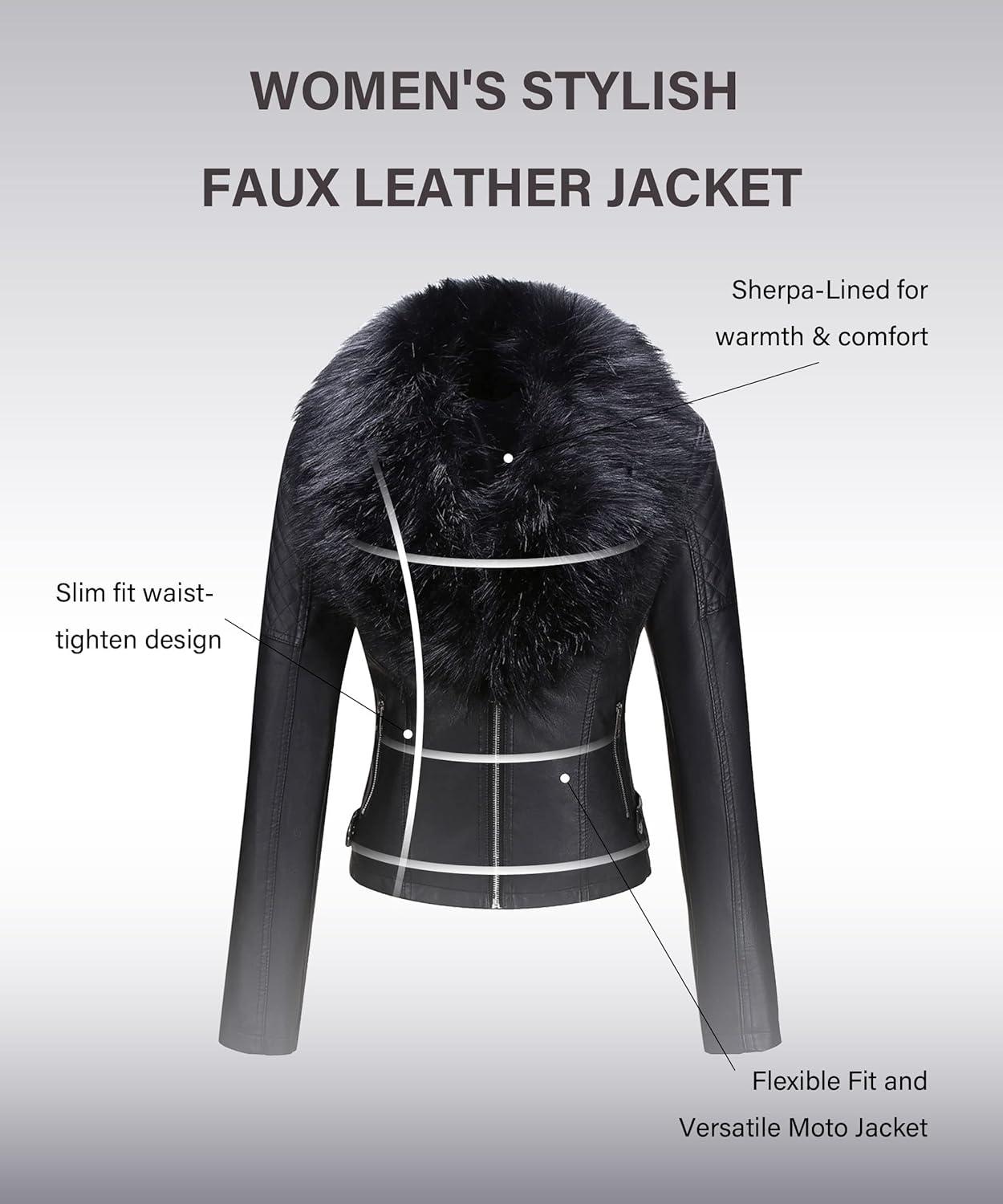 imageBellivera Womens Faux Leather Jacket Moto Biker SherpaLined Coat with Removable Fur CollarBlackblack