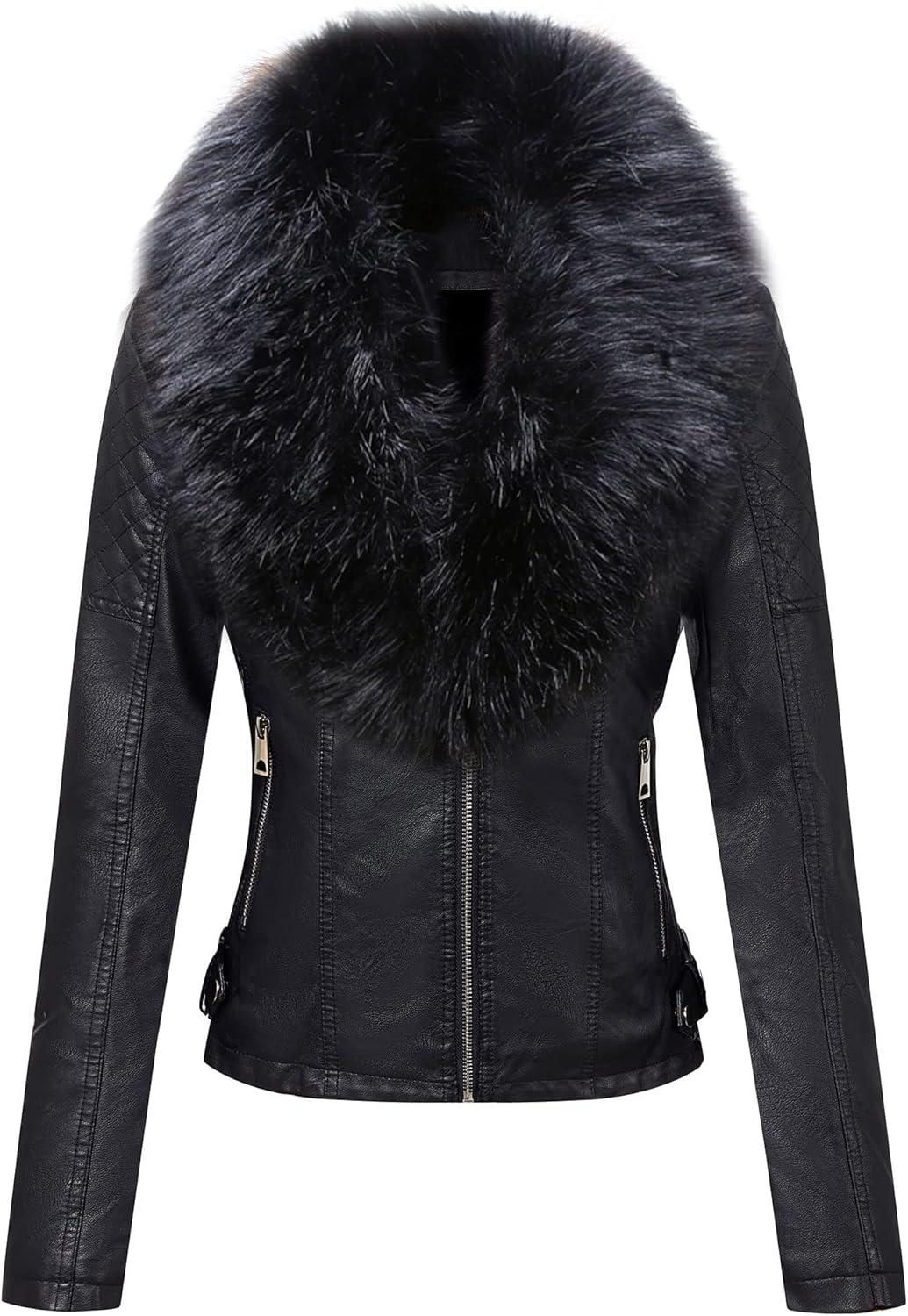 imageBellivera Womens Faux Leather Jacket Moto Biker SherpaLined Coat with Removable Fur CollarBlackblack