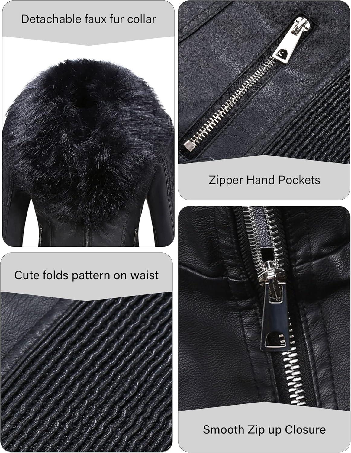 imageBellivera Womens Faux Leather Jacket Moto Biker SherpaLined Coat with Removable Fur CollarBlackblack