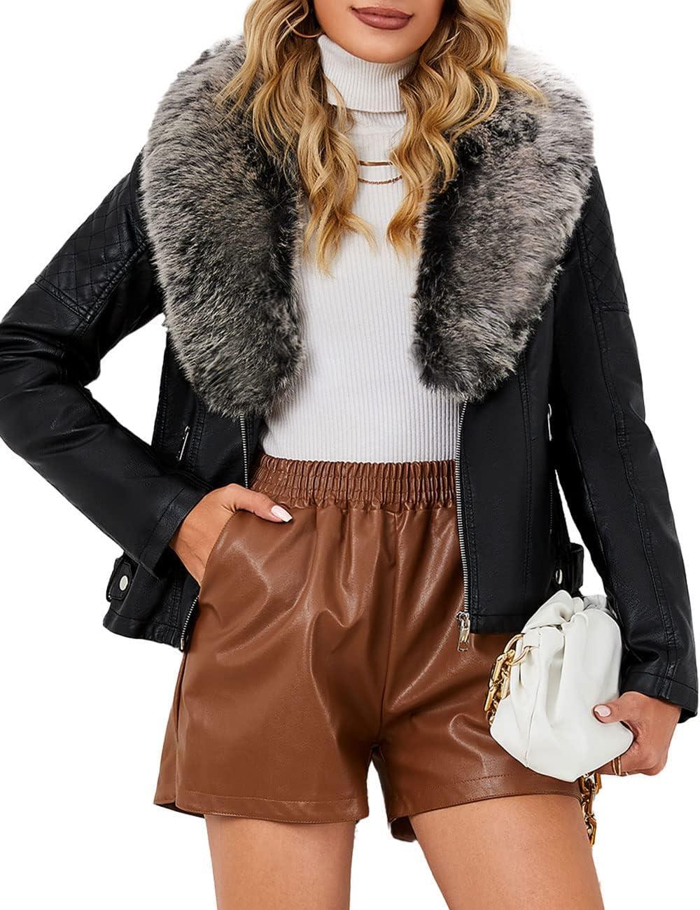 imageBellivera Womens Faux Leather Jacket Moto Biker SherpaLined Coat with Removable Fur CollarBlackgray