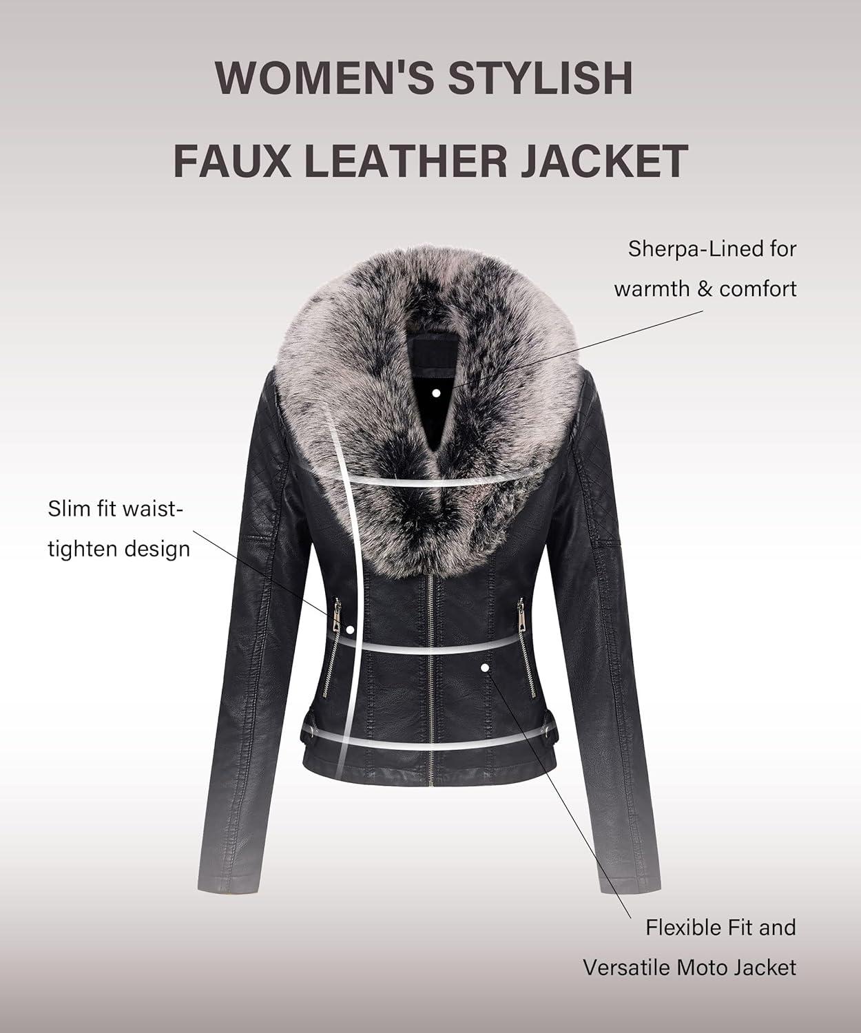 imageBellivera Womens Faux Leather Jacket Moto Biker SherpaLined Coat with Removable Fur CollarBlackgray