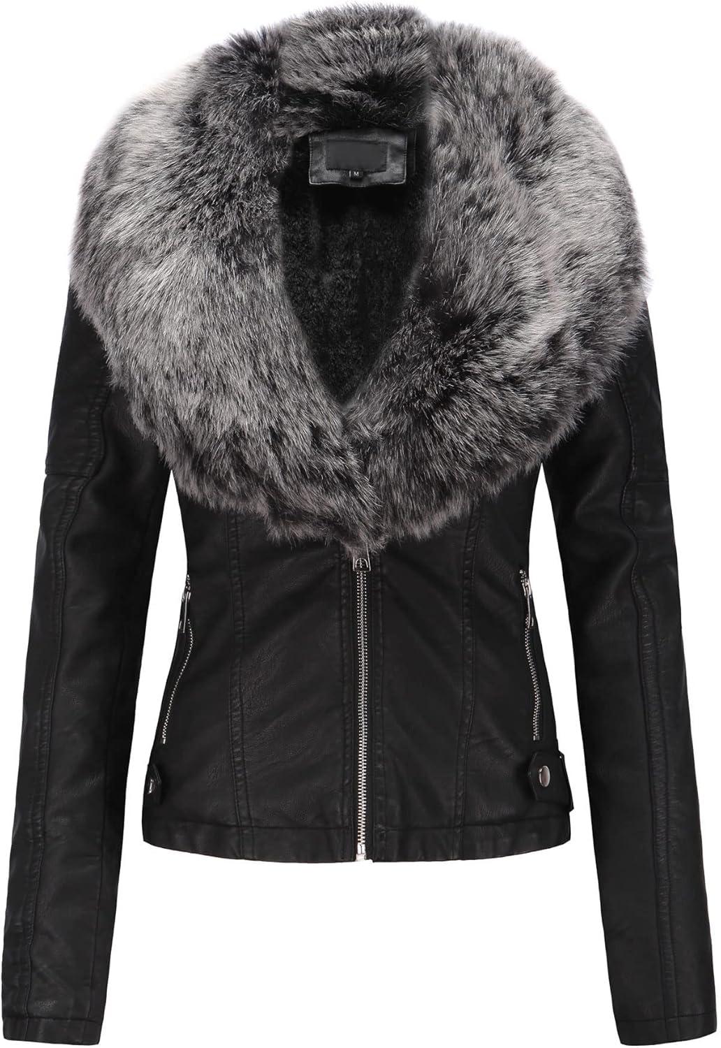 imageBellivera Womens Faux Leather Jacket Moto Biker SherpaLined Coat with Removable Fur CollarBlackgray
