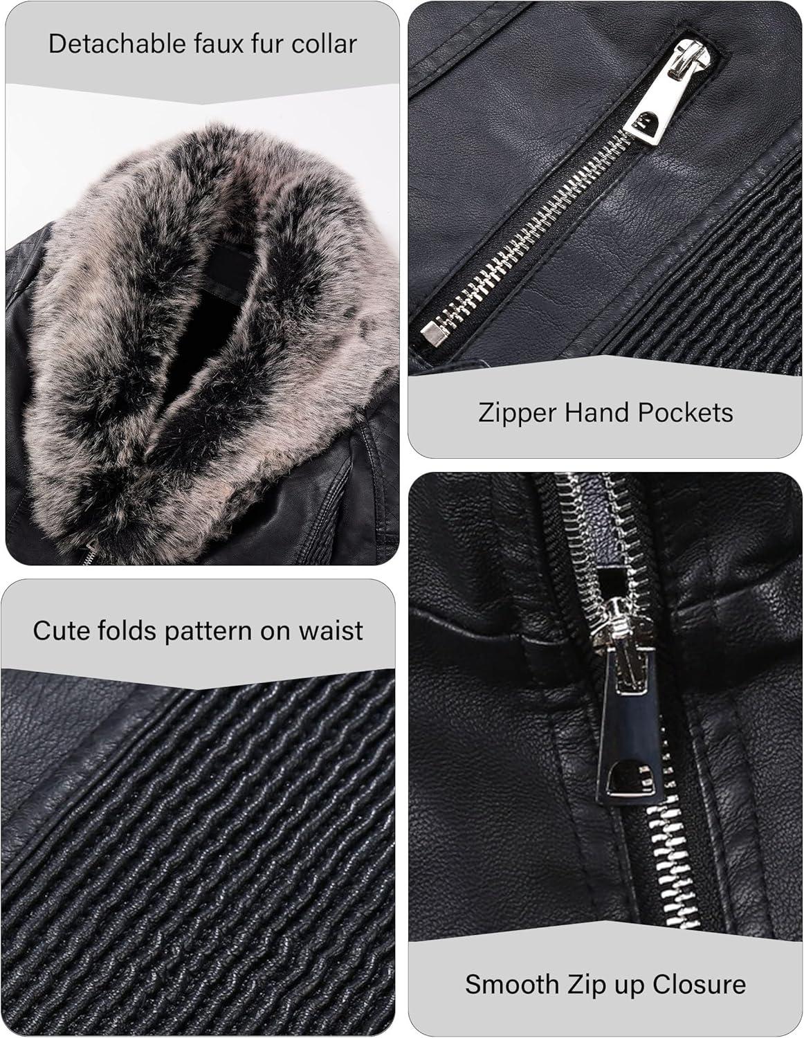 imageBellivera Womens Faux Leather Jacket Moto Biker SherpaLined Coat with Removable Fur CollarBlackgray