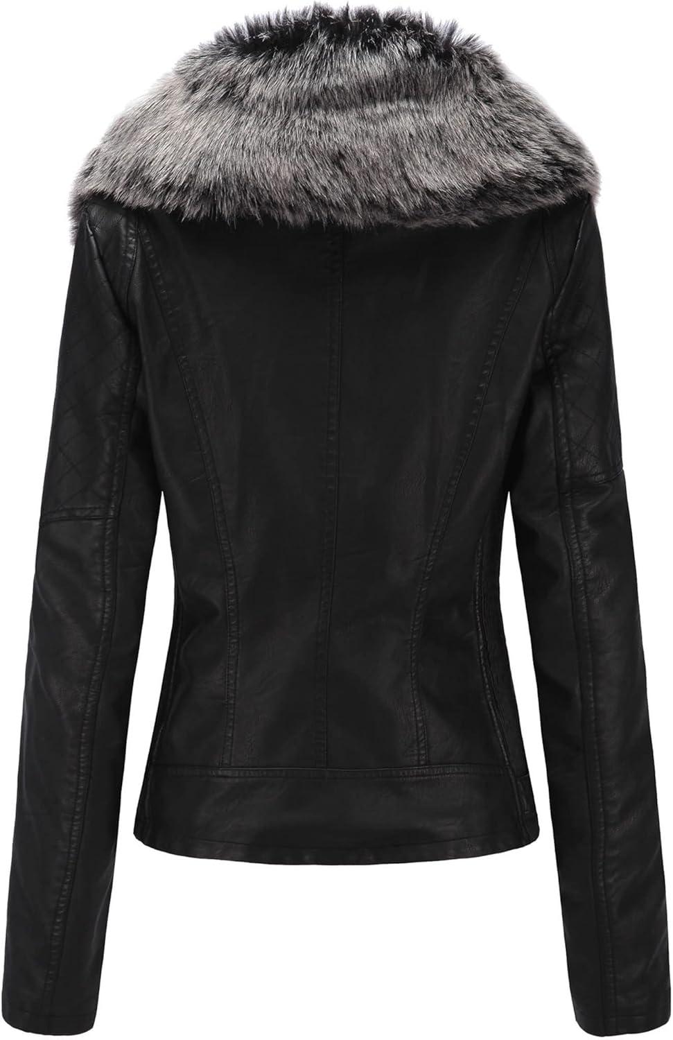imageBellivera Womens Faux Leather Jacket Moto Biker SherpaLined Coat with Removable Fur CollarBlackgray
