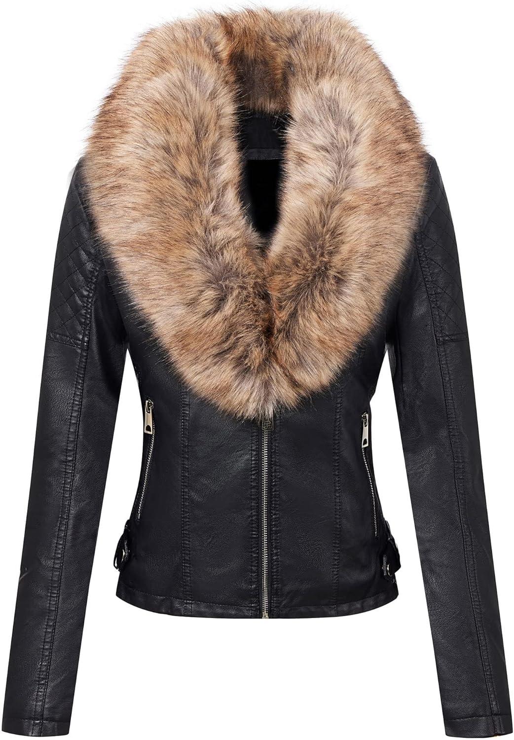 imageBellivera Womens Faux Leather Jacket Moto Biker SherpaLined Coat with Removable Fur CollarBlacknatural