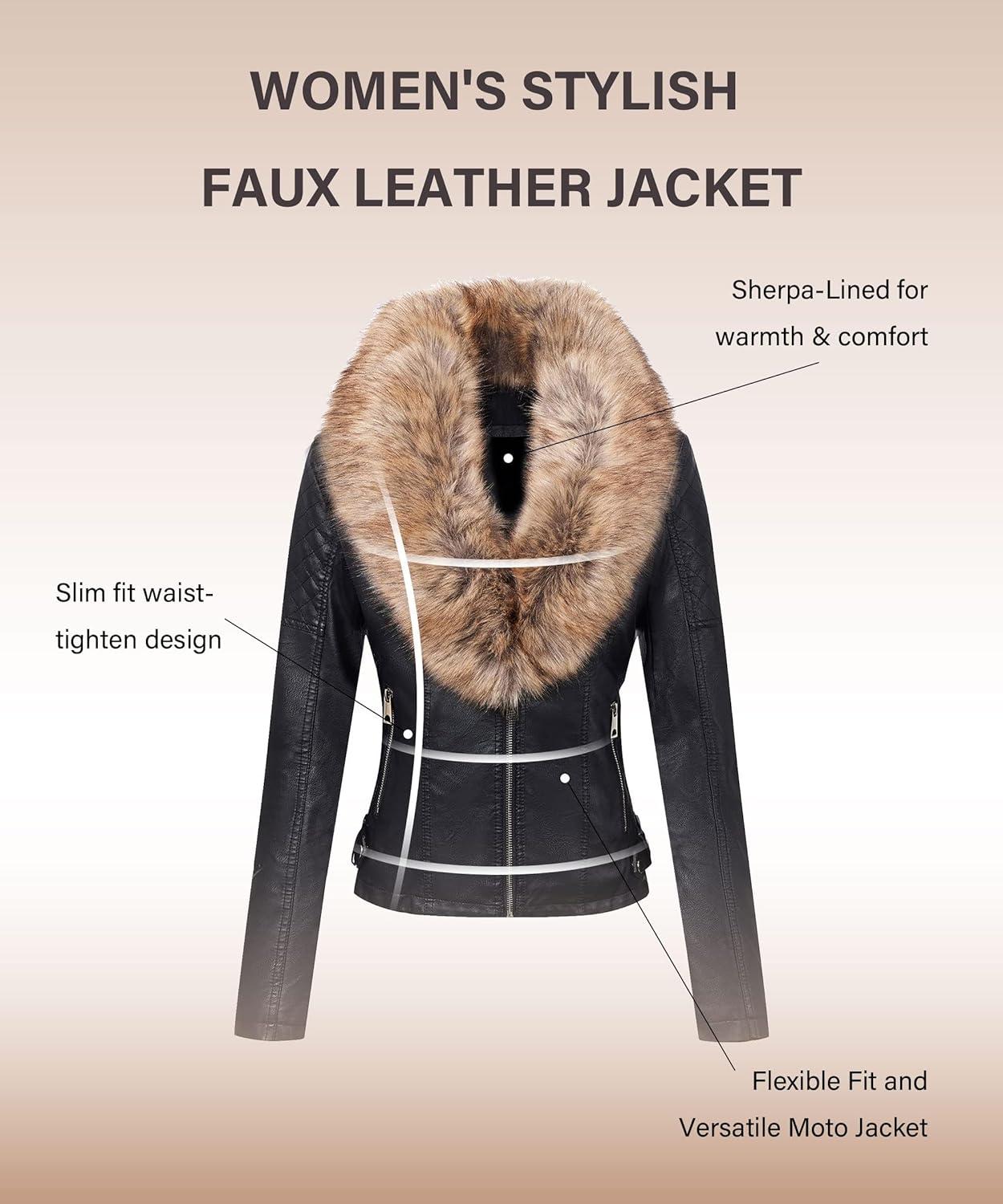 imageBellivera Womens Faux Leather Jacket Moto Biker SherpaLined Coat with Removable Fur CollarBlacknatural
