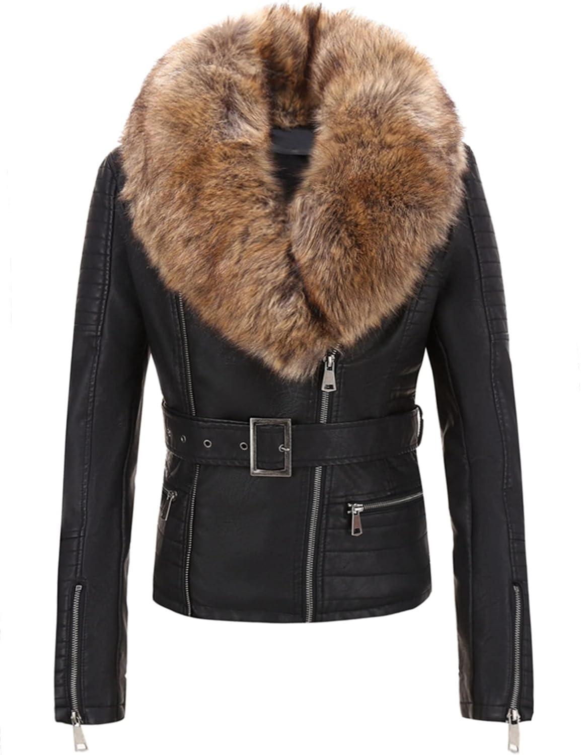 imageBellivera Womens Faux Leather Jacket Moto Biker SherpaLined Coat with Removable Fur CollarBlacknatural With Belt