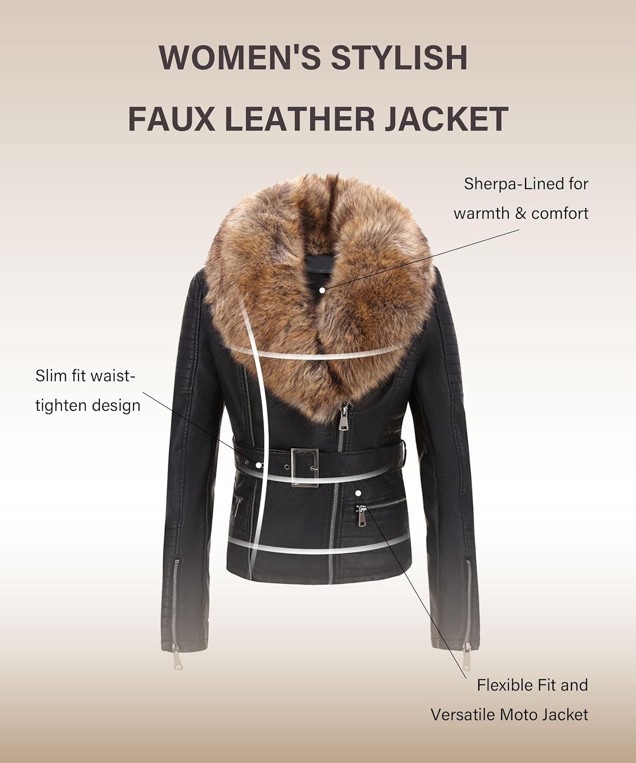 imageBellivera Womens Faux Leather Jacket Moto Biker SherpaLined Coat with Removable Fur CollarBlacknatural With Belt