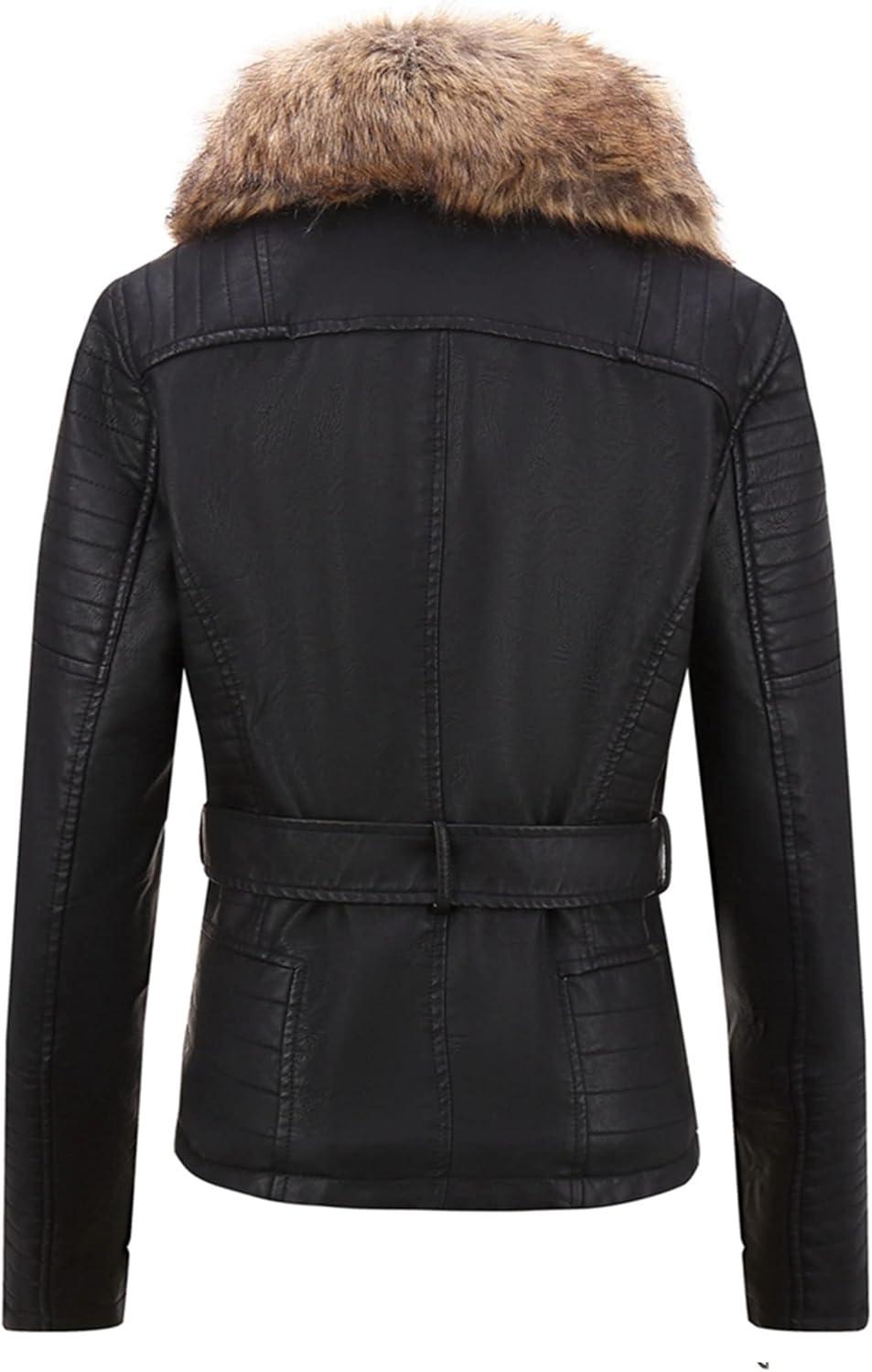 imageBellivera Womens Faux Leather Jacket Moto Biker SherpaLined Coat with Removable Fur CollarBlacknatural With Belt