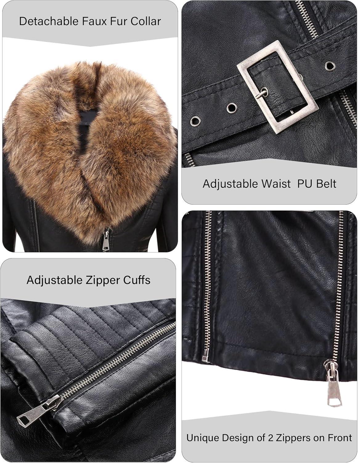 imageBellivera Womens Faux Leather Jacket Moto Biker SherpaLined Coat with Removable Fur CollarBlacknatural With Belt